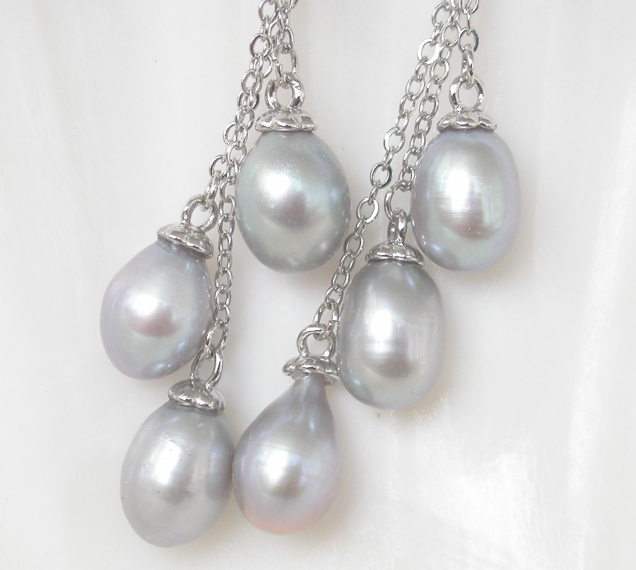 AAA Drop 5cm Dangle Pear Stud 10mm gray freshwater pearls Earrings 925 silver