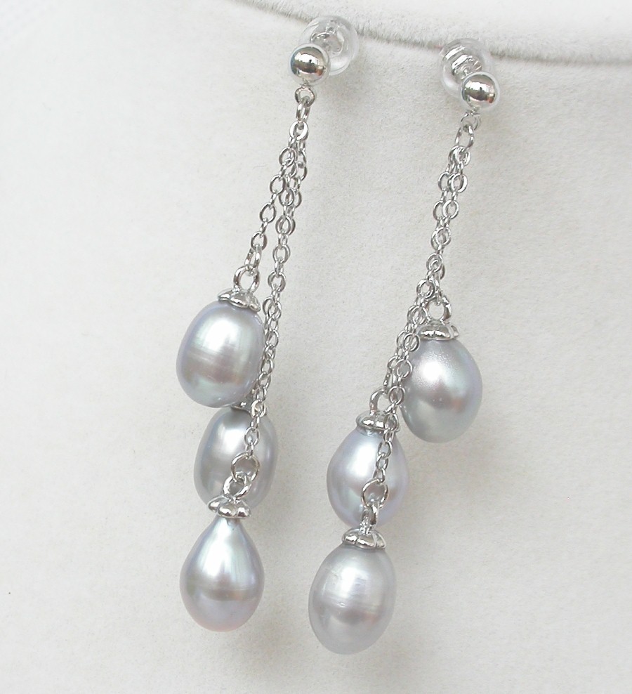 AAA Drop 5cm Dangle Pear Stud 10mm gray freshwater pearls Earrings 925 silver