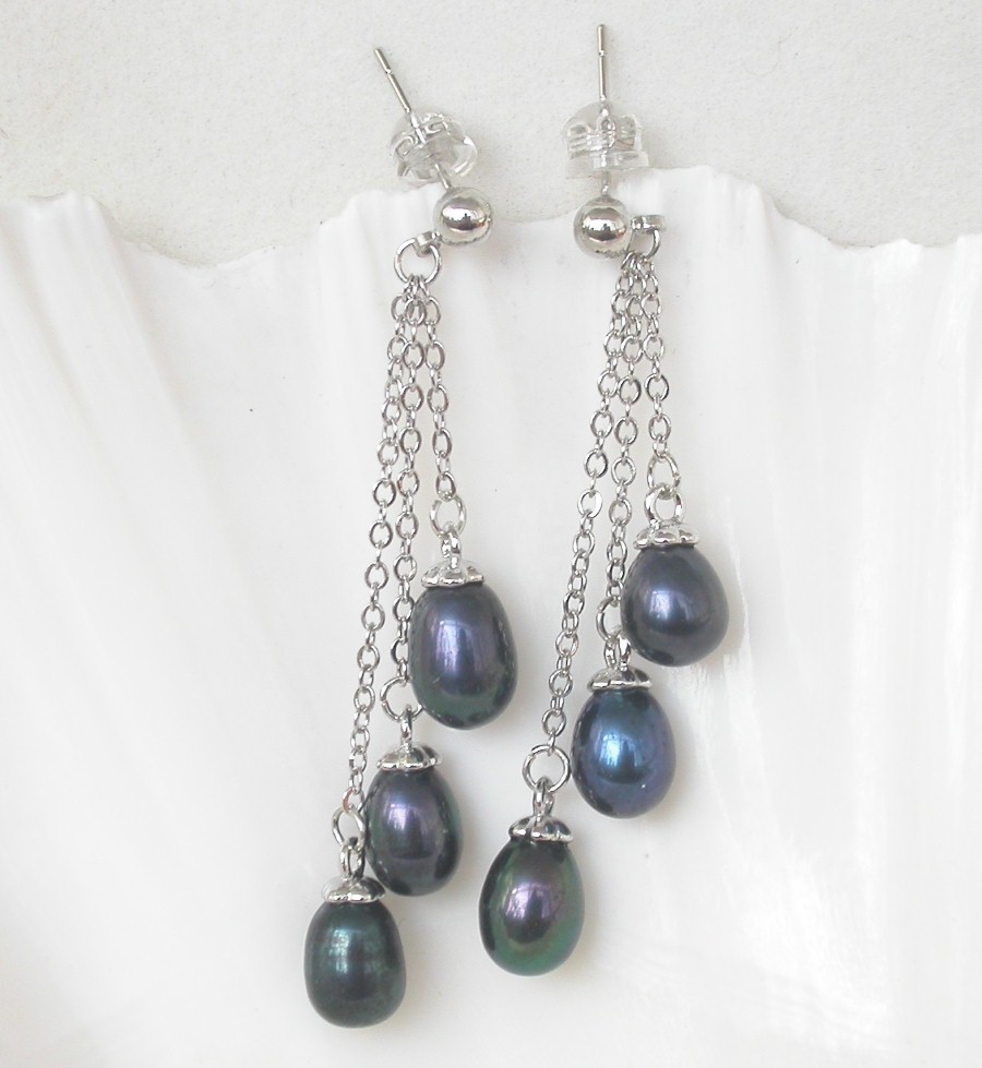Drop 5cm Dangle Pear Stud 10mm navy blue freshwater pearls Earrings 925 silver