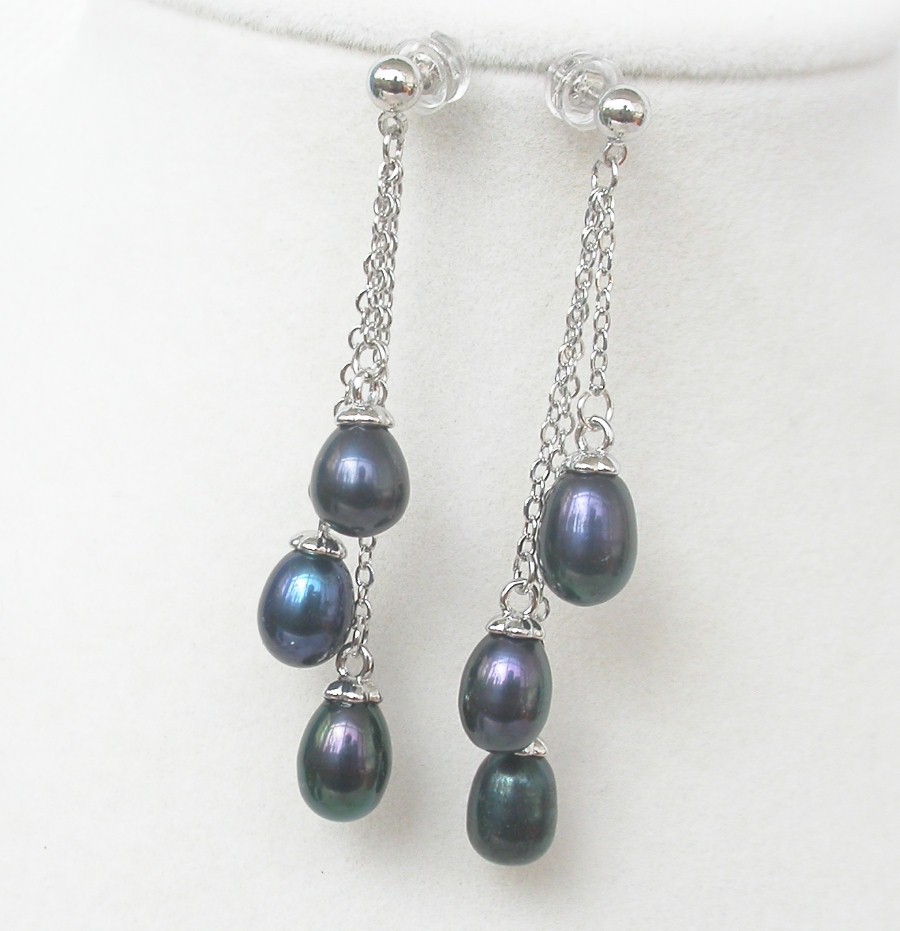 Drop 5cm Dangle Pear Stud 10mm navy blue freshwater pearls Earrings 925 silver