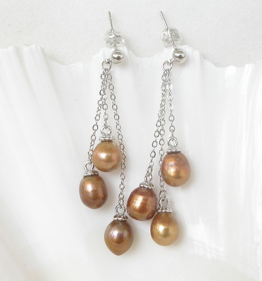 AAA Drop 5cm Dangle Pear Stud 10mm coffee freshwater pearls Earrings 925 silver