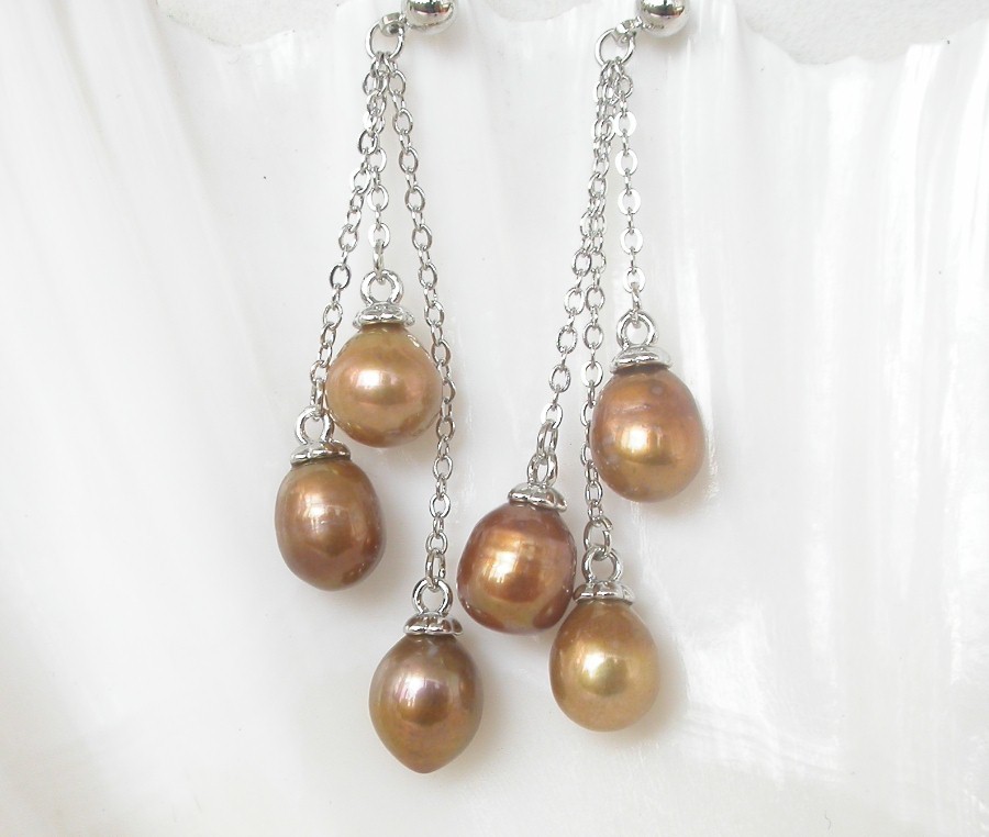 AAA Drop 5cm Dangle Pear Stud 10mm coffee freshwater pearls Earrings 925 silver