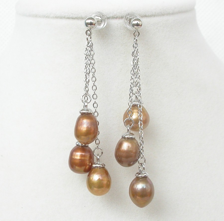AAA Drop 5cm Dangle Pear Stud 10mm coffee freshwater pearls Earrings 925 silver