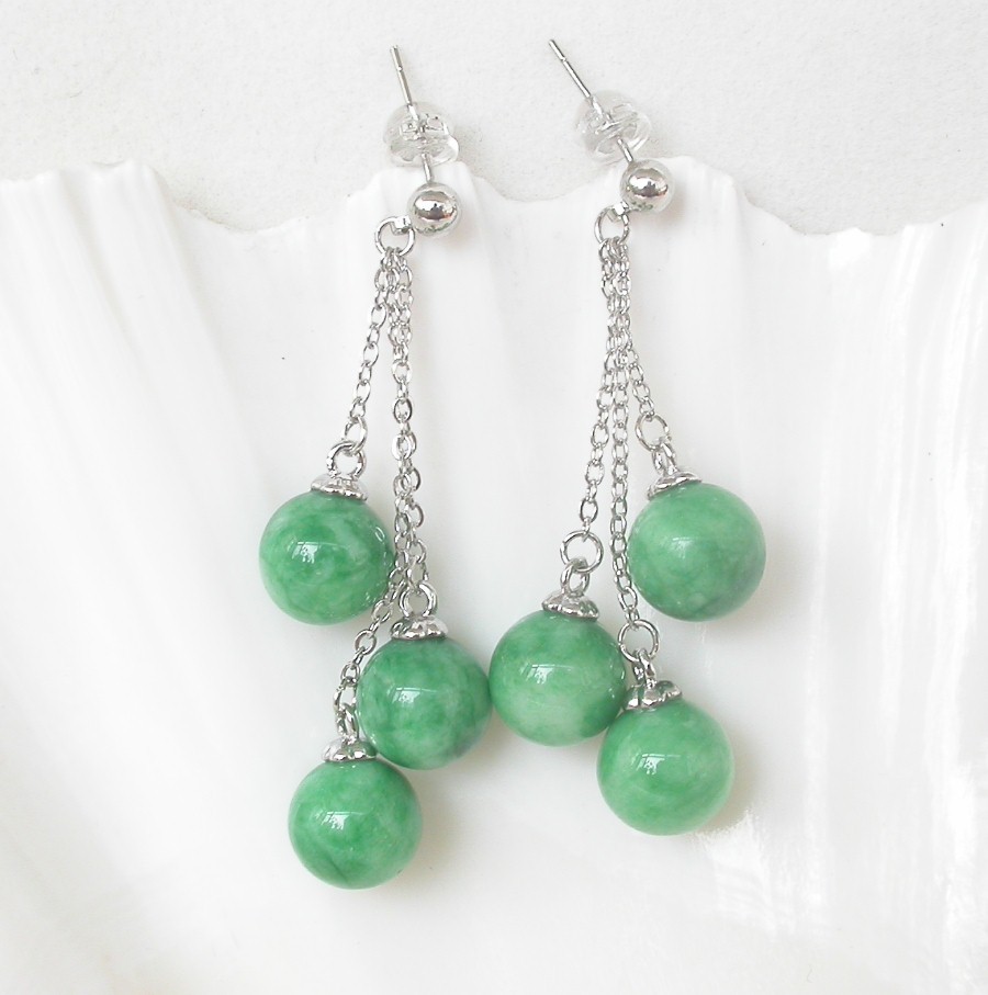 AAA natural 5cm Dangle Stud 10mm round Multicolor green jade Earrings 925 silver