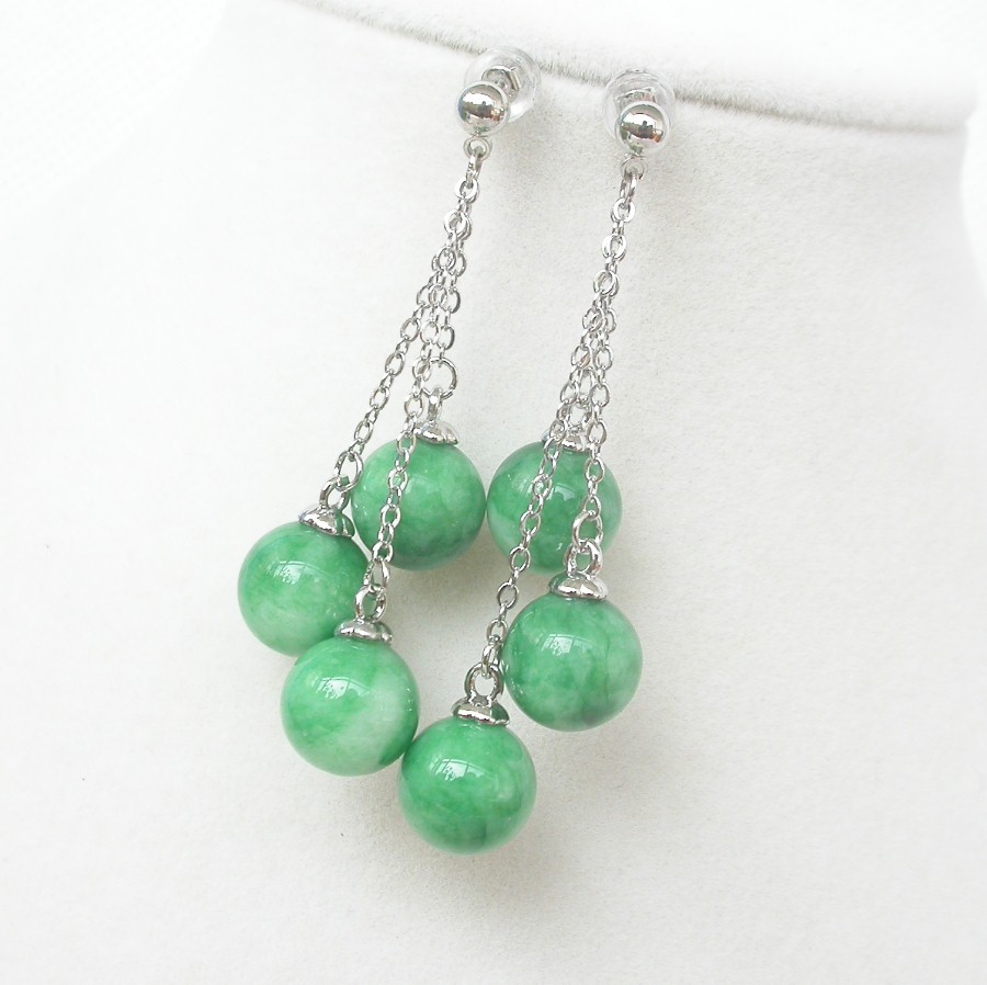AAA natural 5cm Dangle Stud 10mm round Multicolor green jade Earrings 925 silver