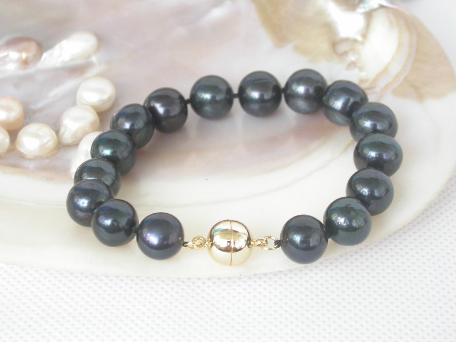 8" 12mm round black freshwater pearls bracelet magnet clasp c1343