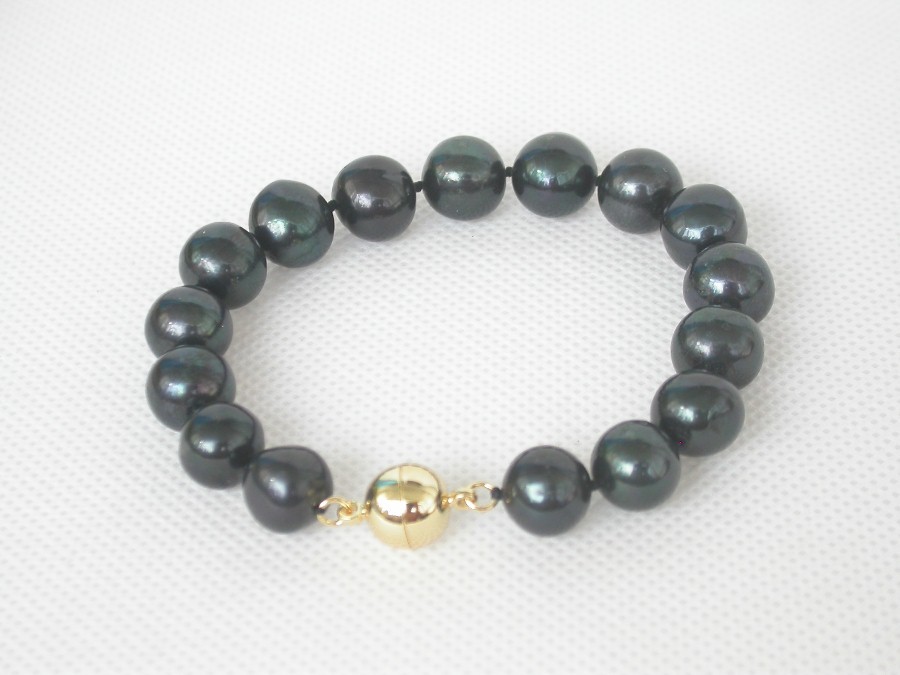 8" 12mm round black freshwater pearls bracelet magnet clasp c1343