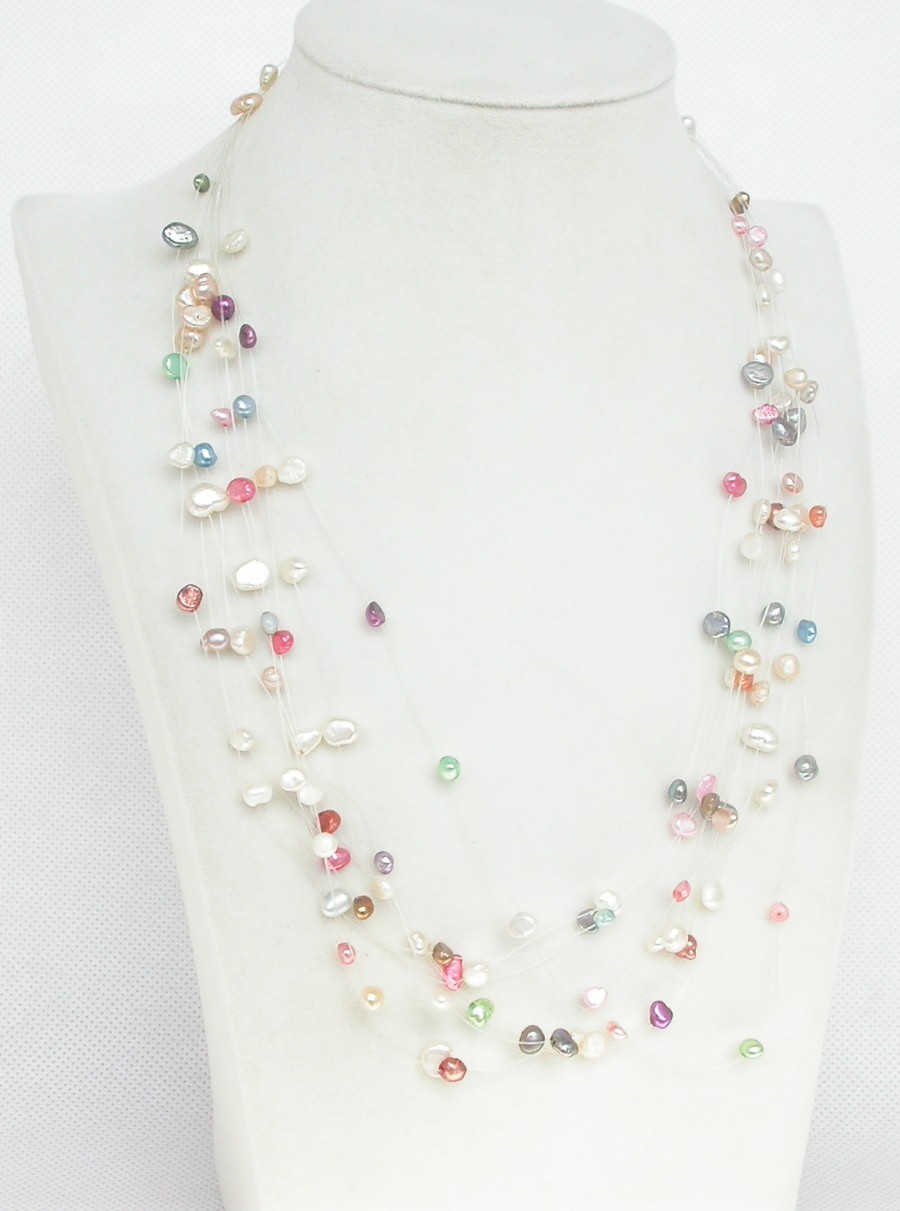 fish wire 18" 9row Baroque Multicolor freshwater pearls necklace 18KGP c1348