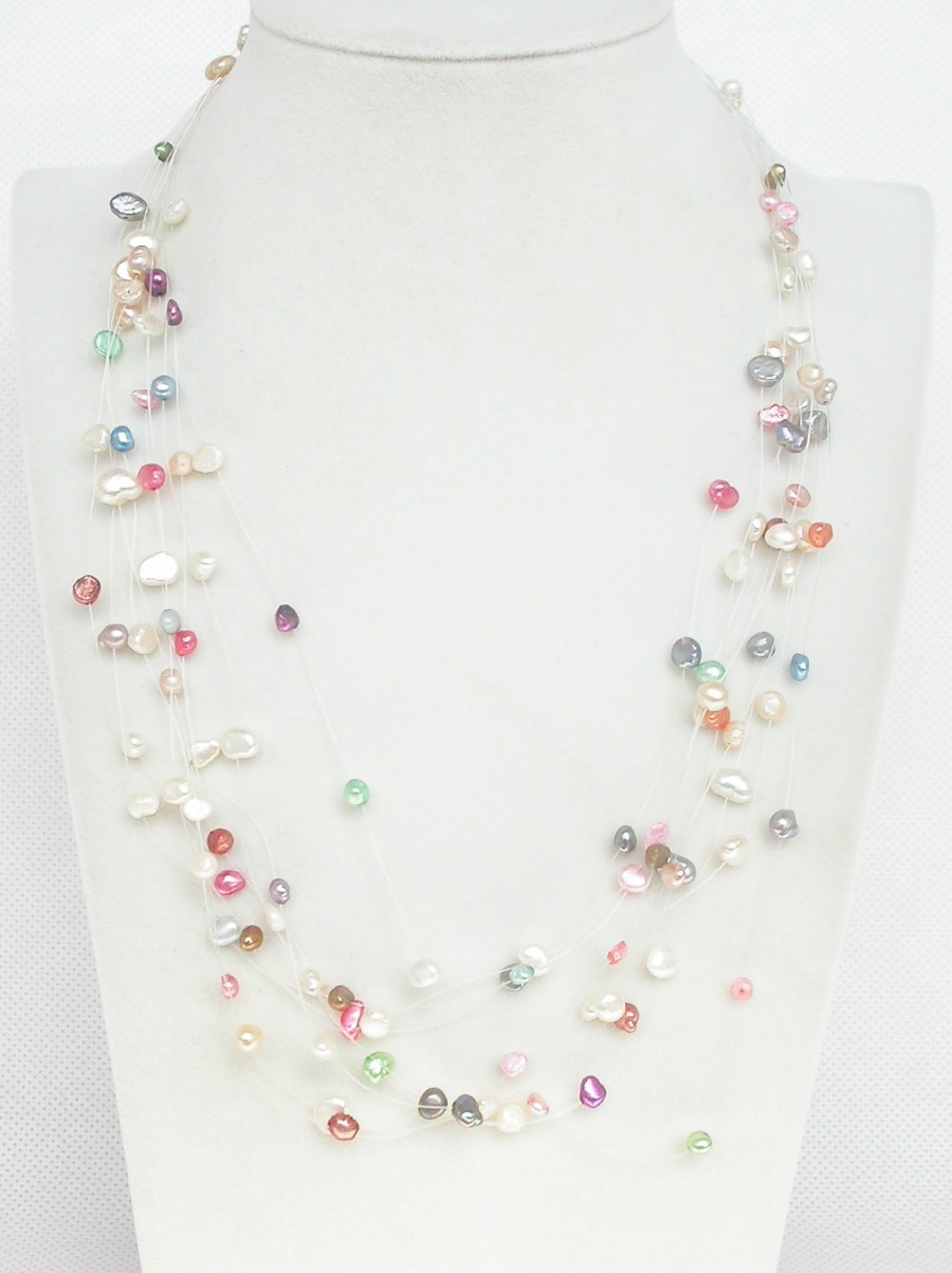 fish wire 18" 9row Baroque Multicolor freshwater pearls necklace 18KGP c1348