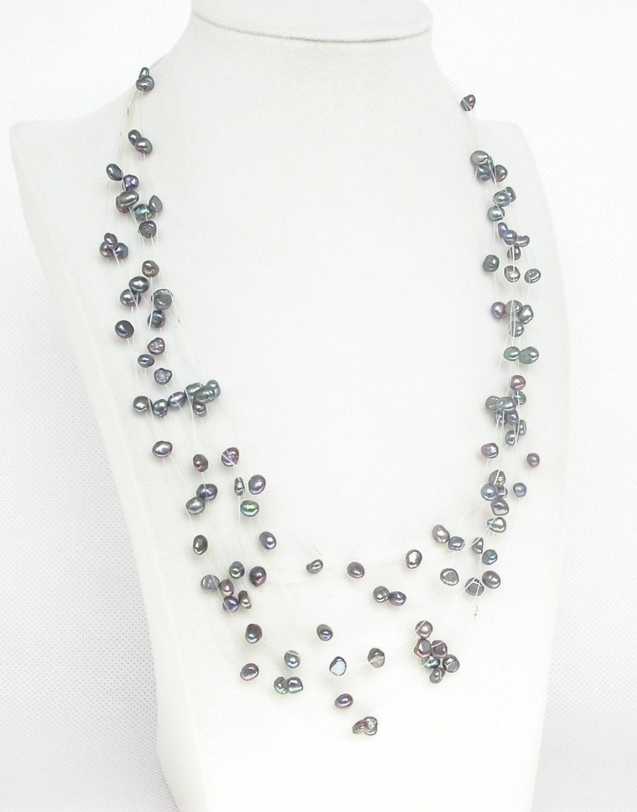 fish wire 18" 9row Baroque black freshwater pearls necklace 18KGP c1349