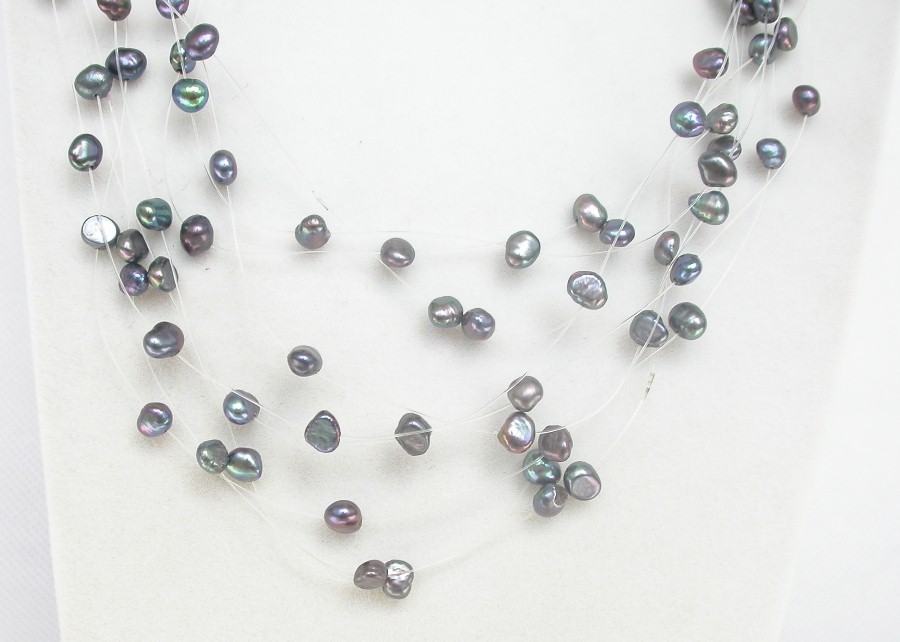 fish wire 18" 9row Baroque black freshwater pearls necklace 18KGP c1349