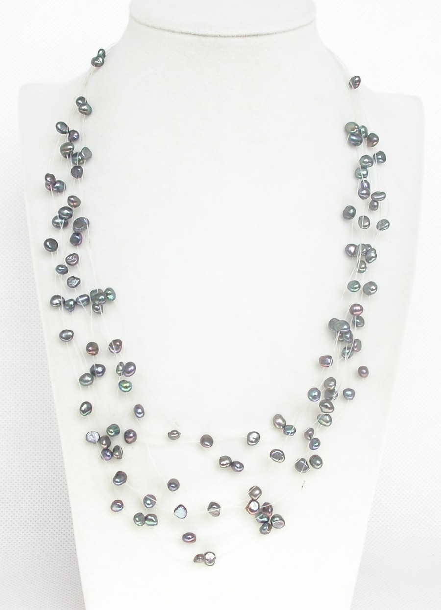 fish wire 18" 9row Baroque black freshwater pearls necklace 18KGP c1349