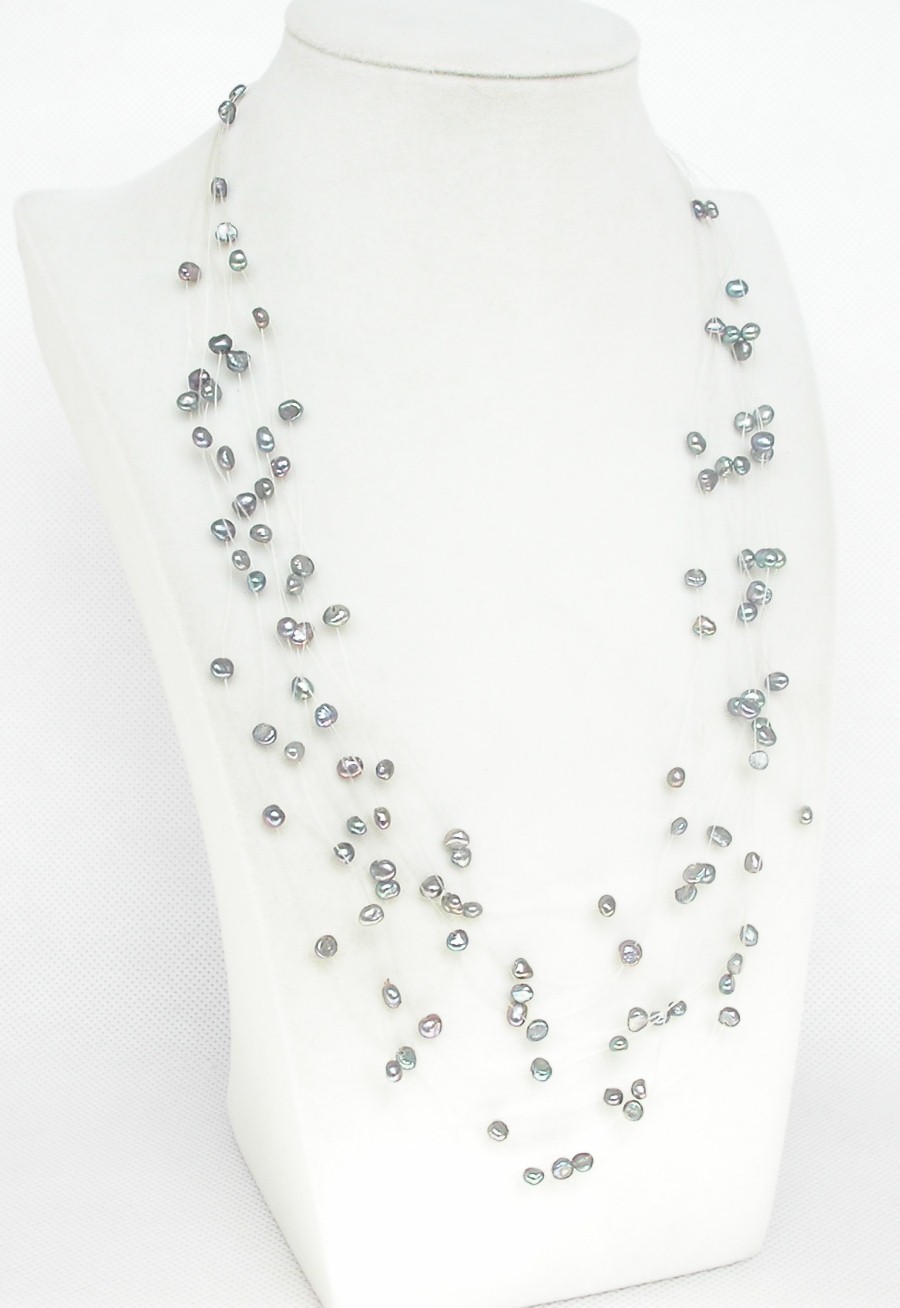 fish wire 18" 9row Baroque gray freshwater pearls necklace 18KGP c1350