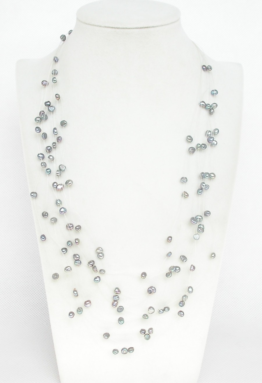 fish wire 18" 9row Baroque gray freshwater pearls necklace 18KGP c1350