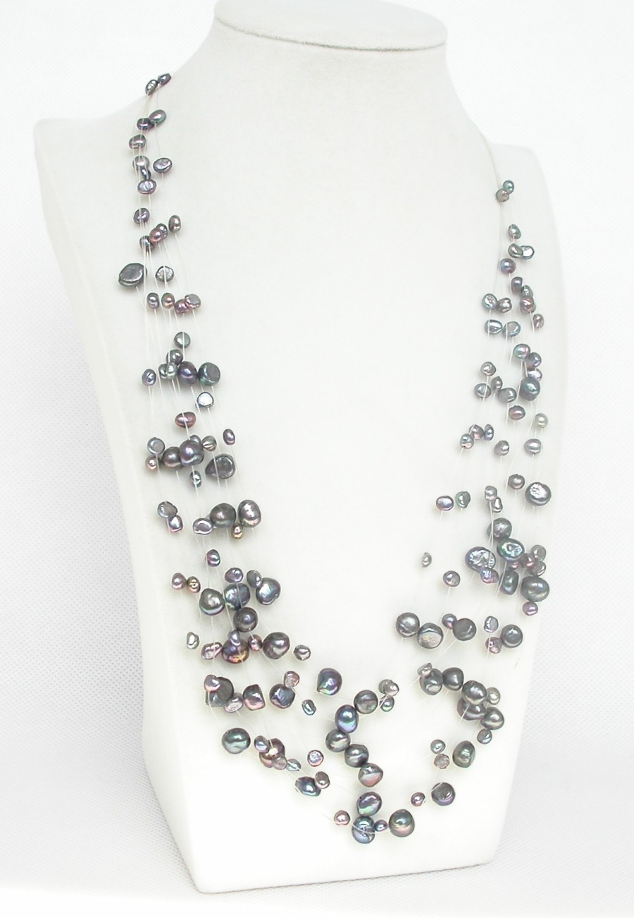 fish wire 18" 9row Baroque black freshwater pearls necklace 18KGP c1351