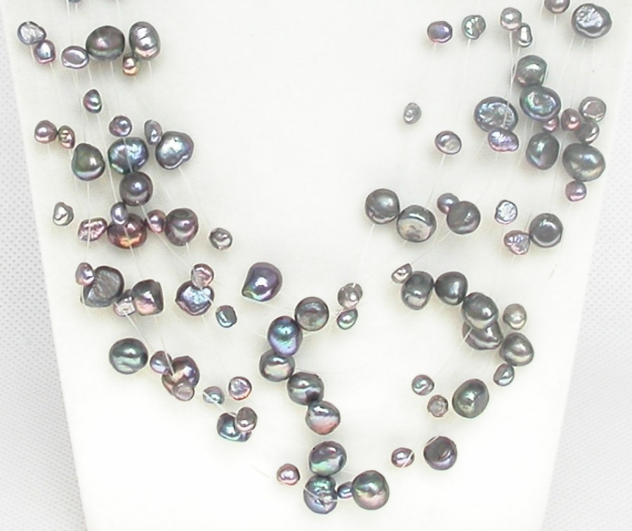 fish wire 18" 9row Baroque black freshwater pearls necklace 18KGP c1351