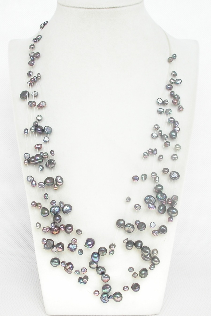fish wire 18" 9row Baroque black freshwater pearls necklace 18KGP c1351