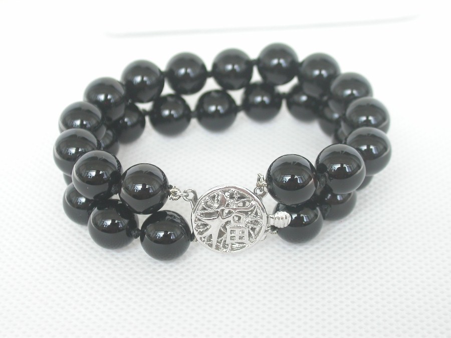 natural 8" 2row 10mm round black agate bracelet 18KGP Clasp c1355
