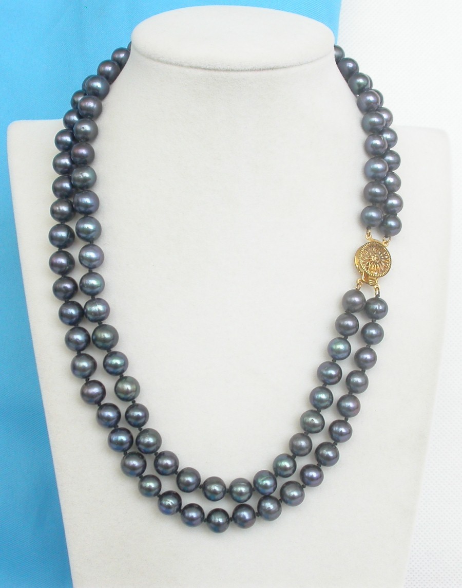 17"-18" 2row 9mm round black freshwater pearls necklace gold plated clasp c1365