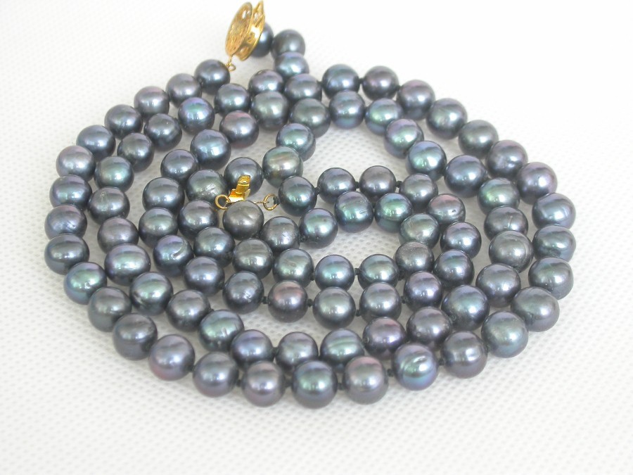 17"-18" 2row 9mm round black freshwater pearls necklace gold plated clasp c1365