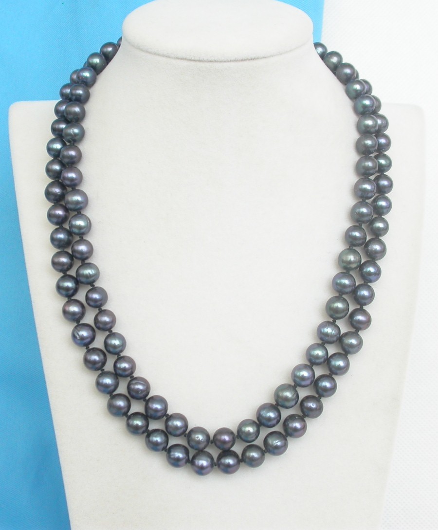 17"-18" 2row 9mm round black freshwater pearls necklace gold plated clasp c1365