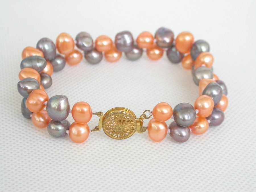 8" 2row 9mm Baroque orange black freshwater pearls bracelet gold plated clasp c1372