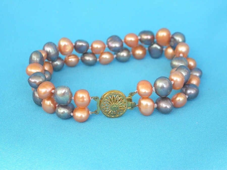 8" 2row 9mm Baroque orange black freshwater pearls bracelet gold plated clasp c1372