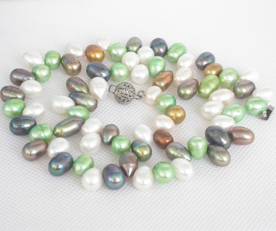 18" 11mm Baroque white green black Multicolor pearls necklace 18KGP clasp c1373