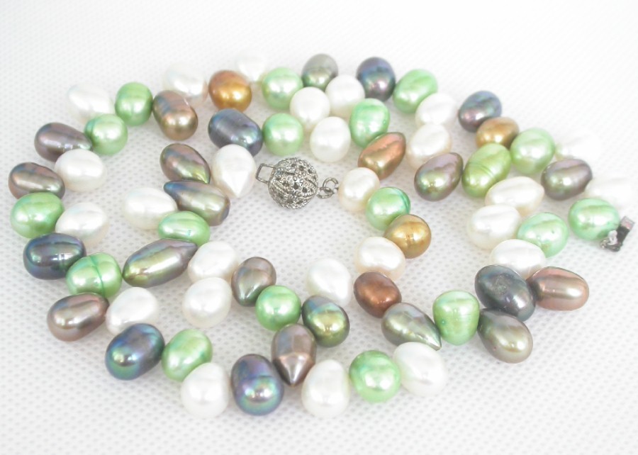 18" 11mm Baroque white green black Multicolor pearls necklace 18KGP clasp c1373