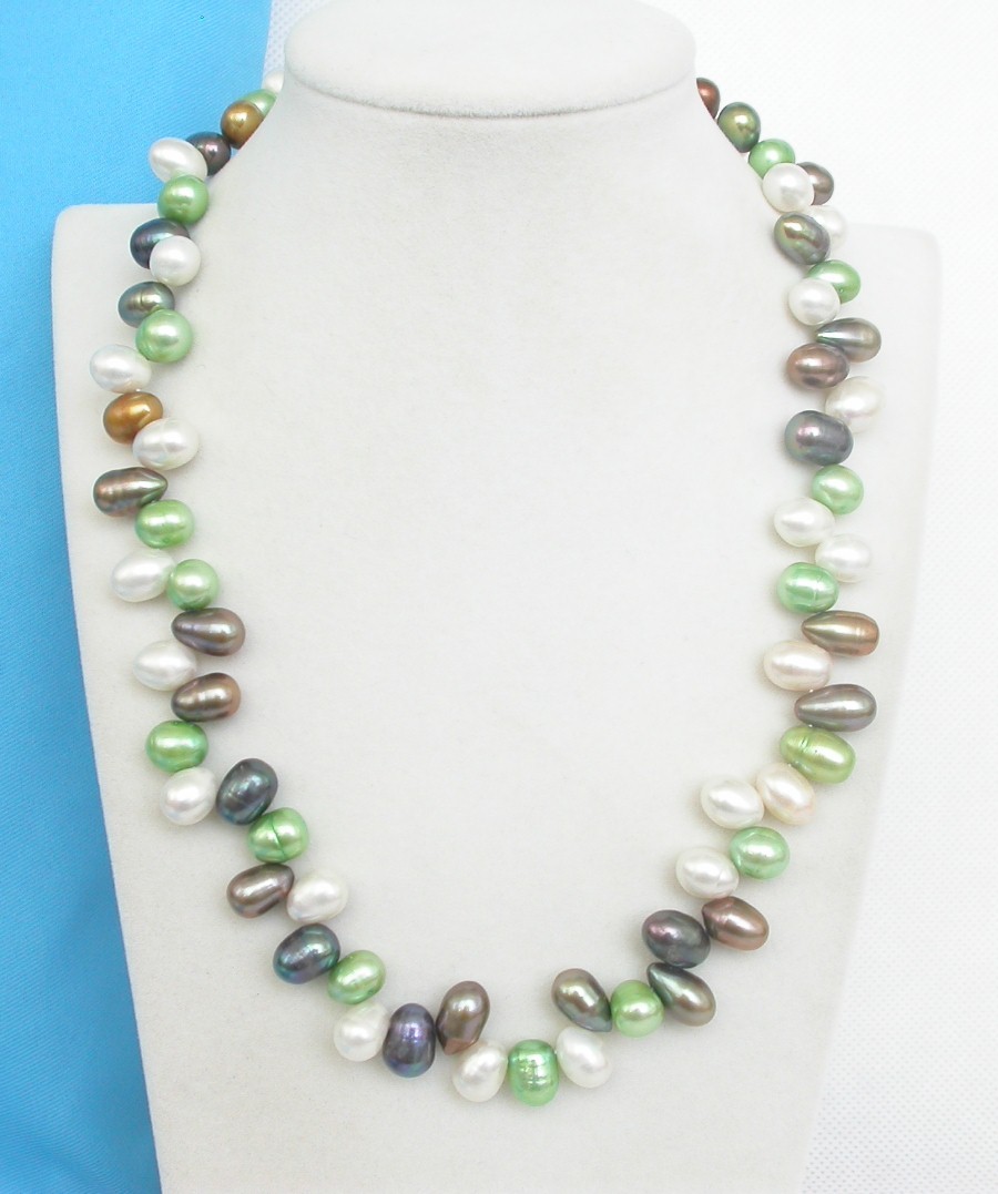 18" 11mm Baroque white green black Multicolor pearls necklace 18KGP clasp c1373
