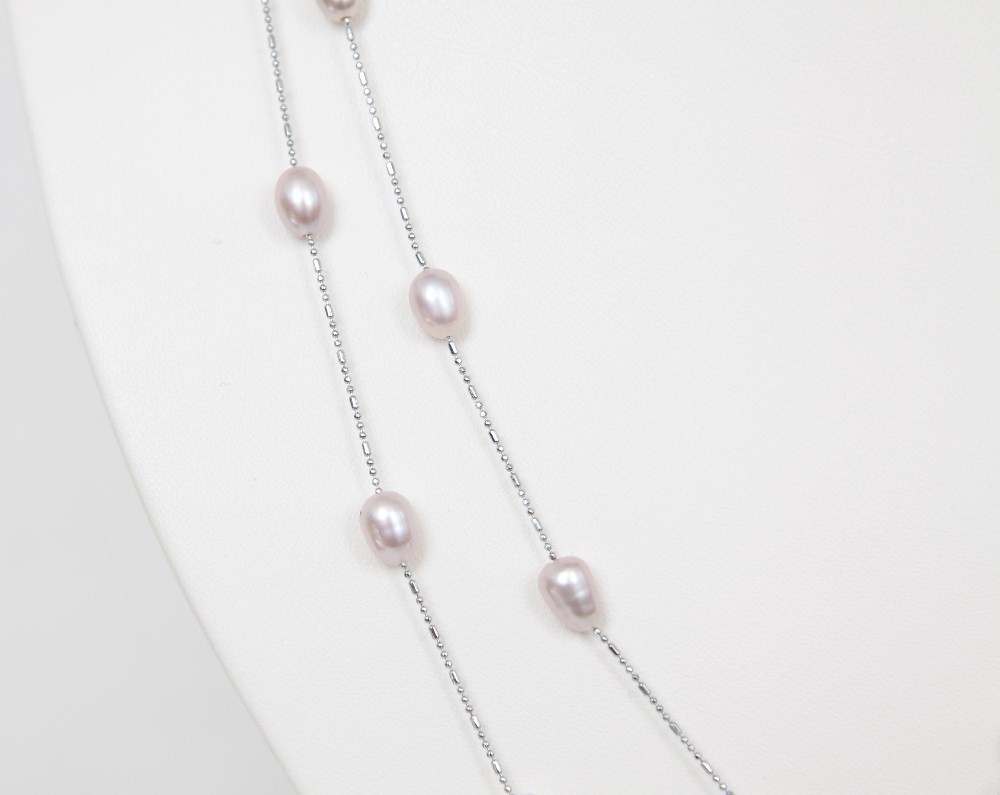 AAA length 46" 7mm natural rice purple freshwater pearls beads Strand necklace