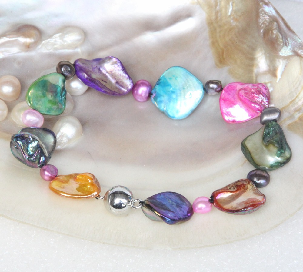 punk 8" Baroque Multicolor pearls seashell Bracelet magnet clasp c123