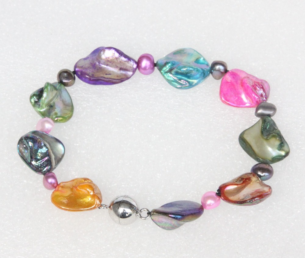 punk 8" Baroque Multicolor pearls seashell Bracelet magnet clasp c123