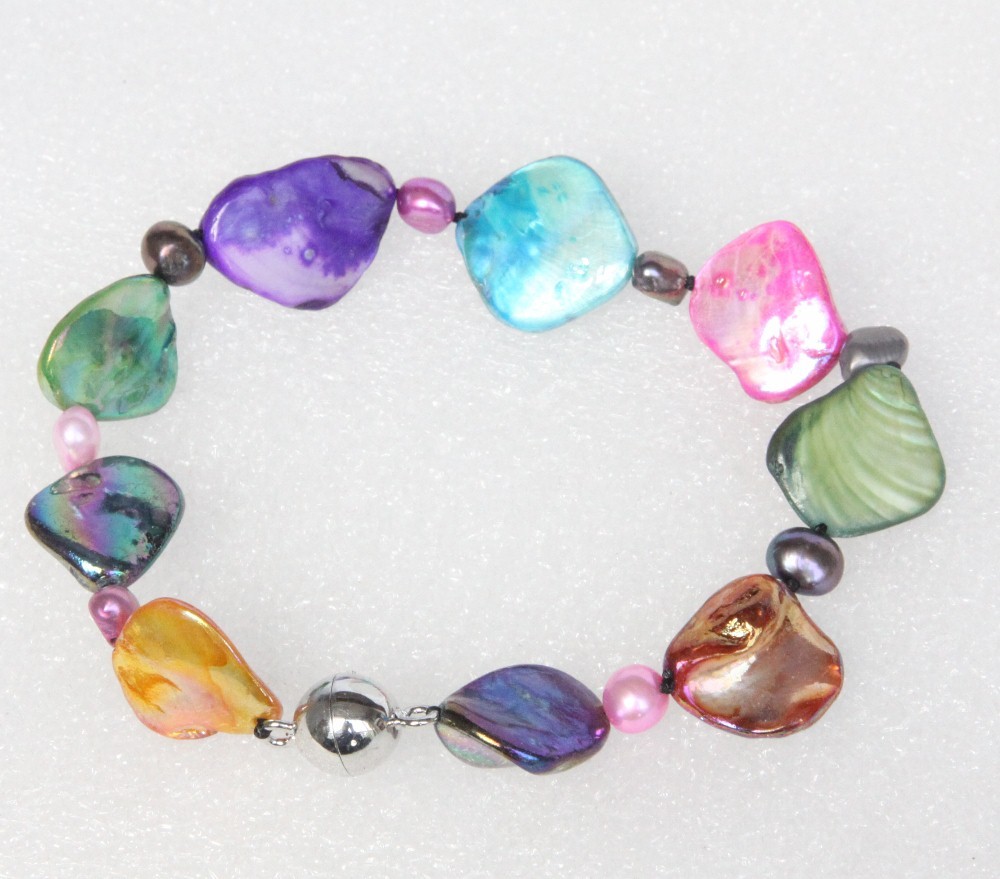 punk 8" Baroque Multicolor pearls seashell Bracelet magnet clasp c123