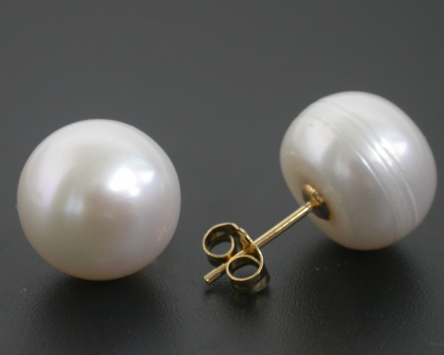 AAA Studs 13mm White Round Pearls Earrings 14K Solid Gold Post C1081