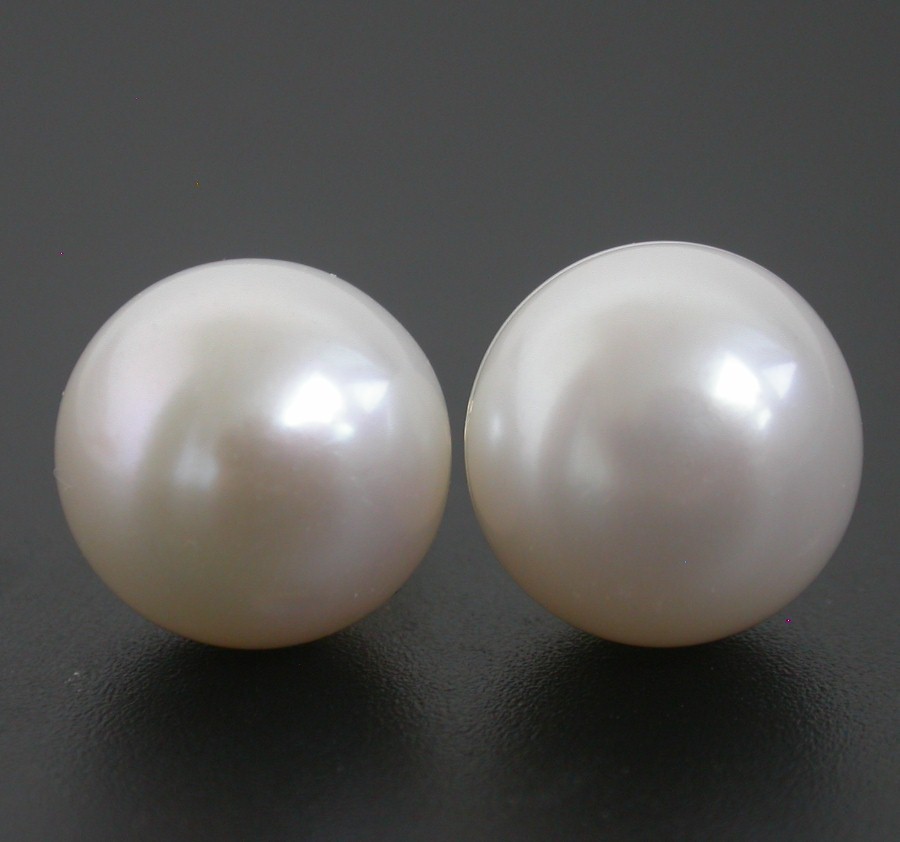 AAA Studs 13mm White Round Pearls Earrings 14K Solid Gold Post C1081