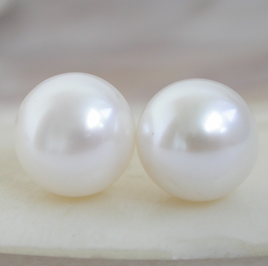 AAA Studs 13mm White Round Pearls Earrings 14K Solid Gold Post C1081