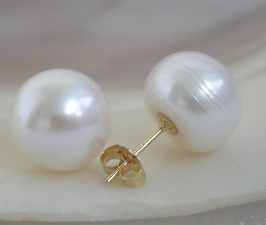 AAA Studs 13mm White Round Pearls Earrings 14K Solid Gold Post C1081