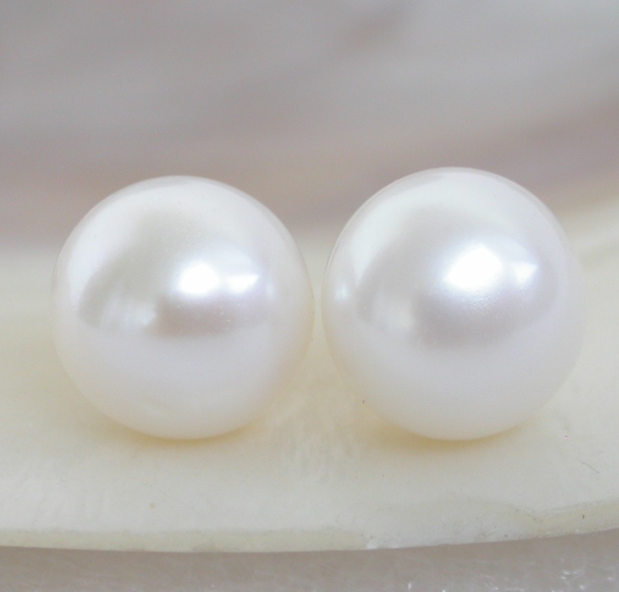 AAA Studs 13mm White Round Pearls Earrings 14K Solid Gold Post C1081