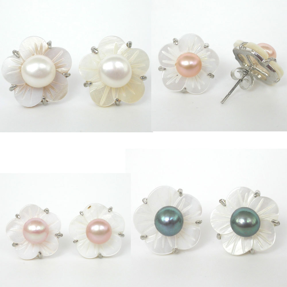 AAA 14mm Stud white pink purple black pearls seashell Stud Earring sterling silver post c1096