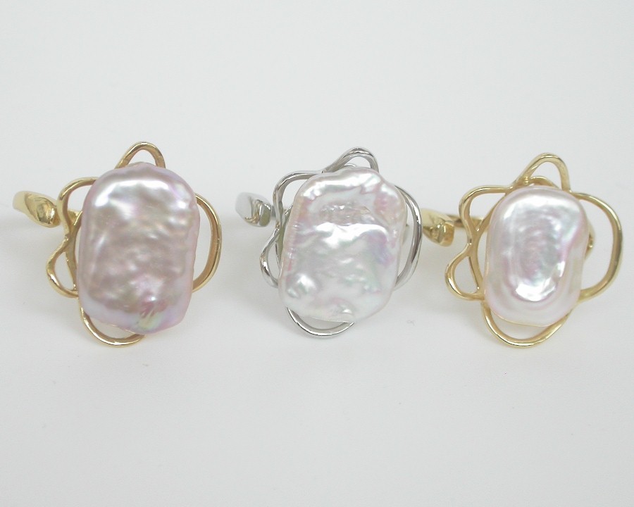 Selectable 20mm square white purple Reborn keshi pearls Rings 925sc Adjustable