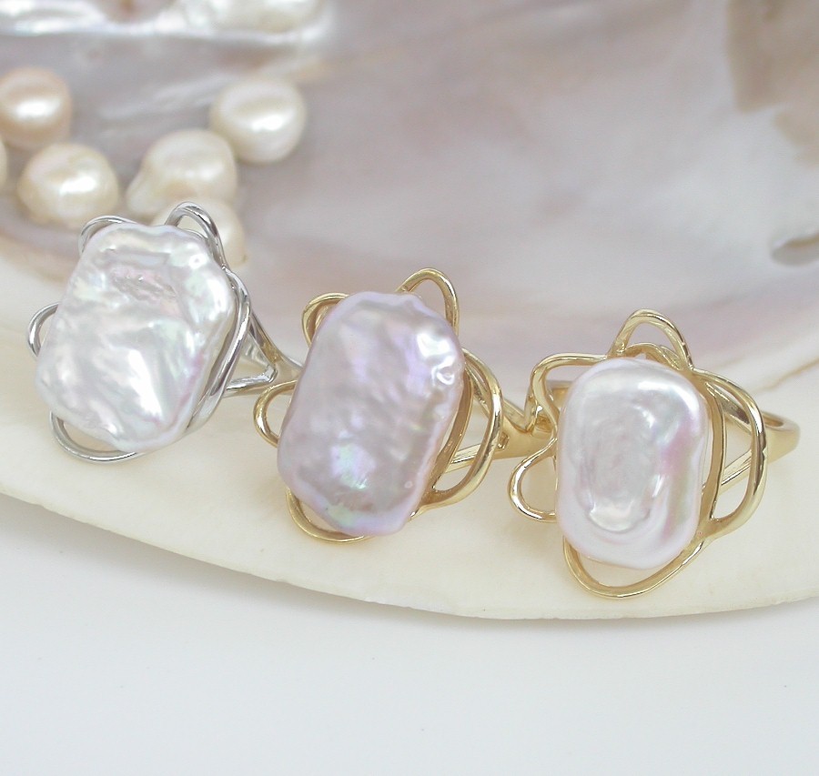 Selectable 20mm square white purple Reborn keshi pearls Rings 925sc Adjustable