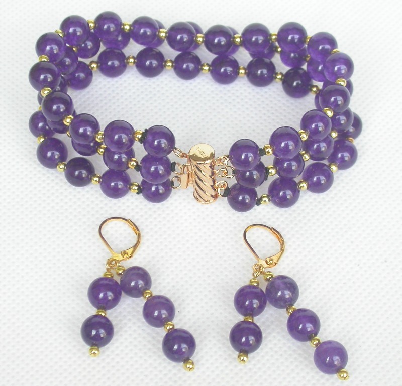 Selectable 8" 8mm 3row round Multicolor Amethyst jade Bracelet Earrings set c831