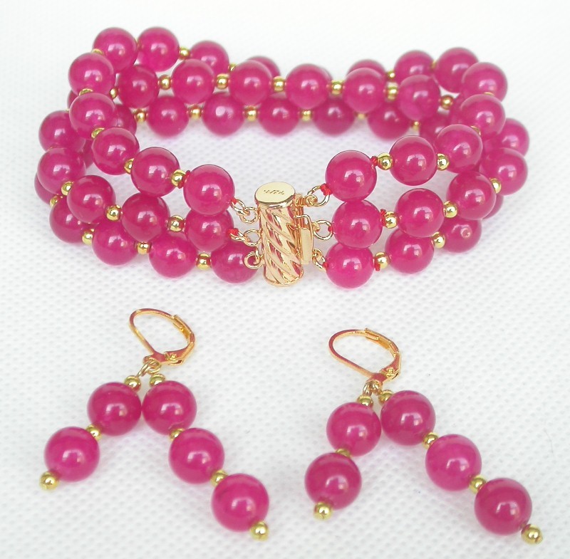 Selectable 8" 8mm 3row round Multicolor Amethyst jade Bracelet Earrings set c831