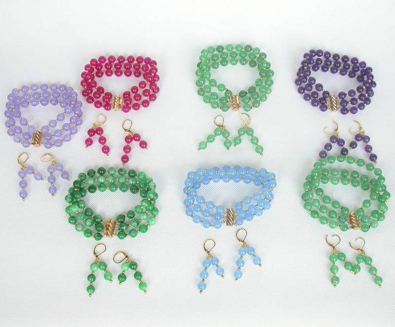 Selectable 8" 8mm 3row round Multicolor Amethyst jade Bracelet Earrings set c831