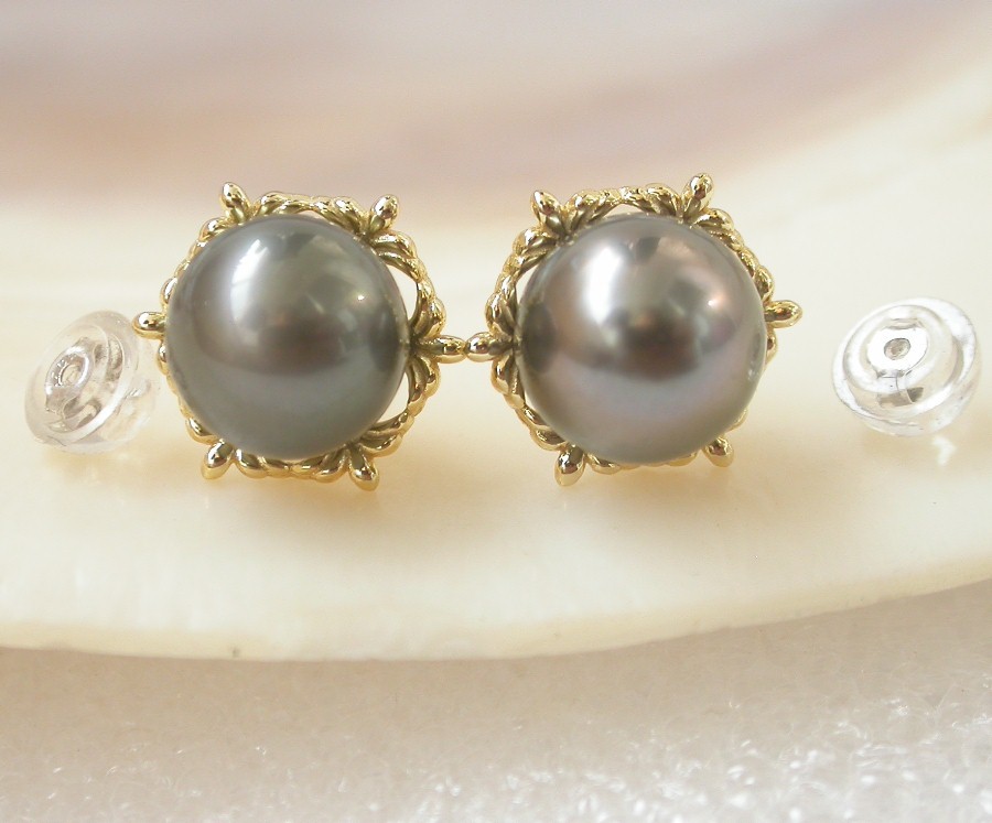 AAA natural 11mm round Black South Sea Tahitian pearls Earrings 925sc silver
