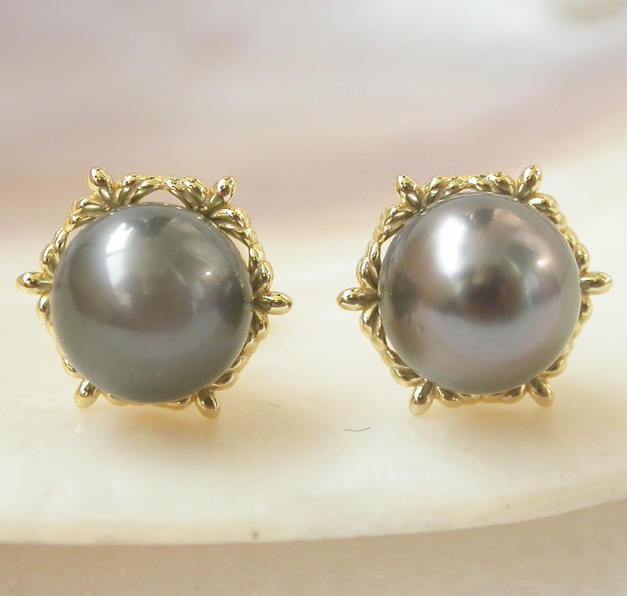 AAA natural 11mm round Black South Sea Tahitian pearls Earrings 925sc silver