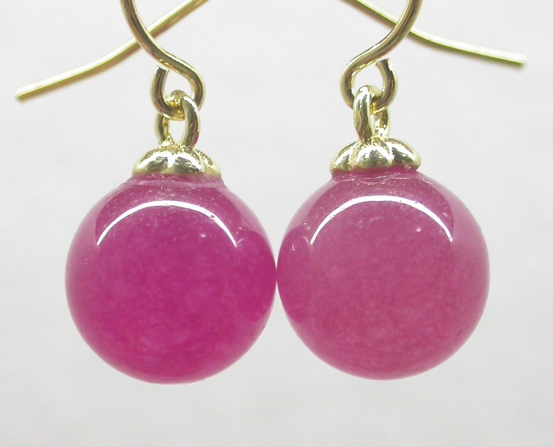 natural Dangle 10mm round green pink blue Multicolor jade earring 14K solid gold hook c1581