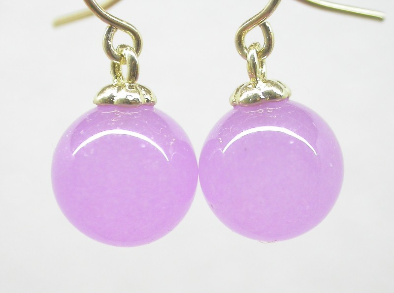 natural Dangle 10mm round green pink blue Multicolor jade earring 14K solid gold hook c1581