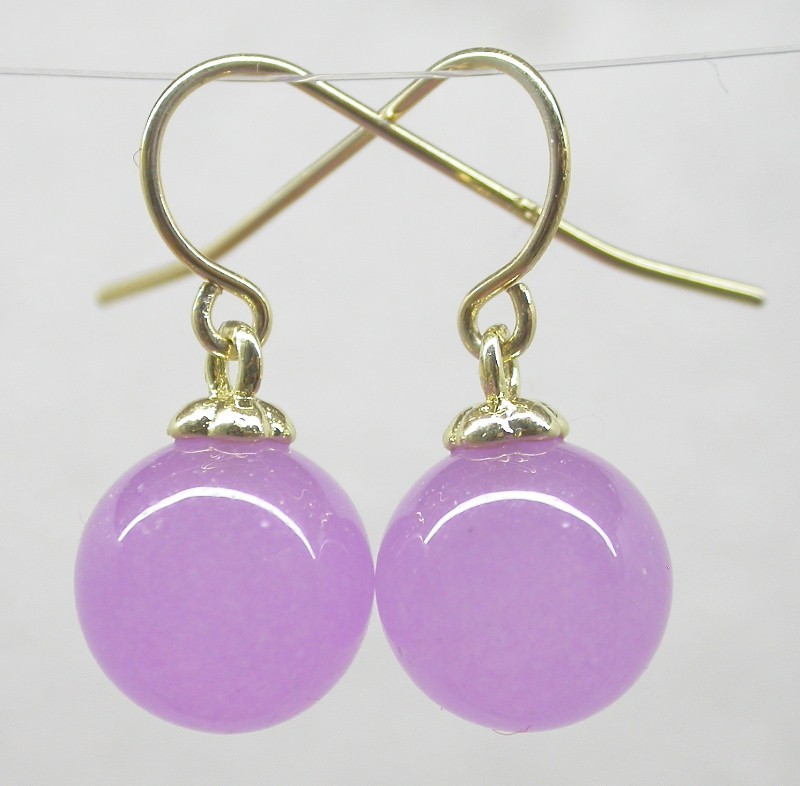 natural Dangle 10mm round green pink blue Multicolor jade earring 14K solid gold hook c1581